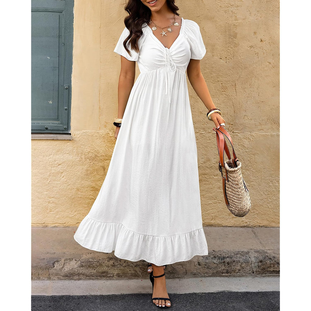 Btfbm Womens Summer Dresses 2026 Casual Short Sleeve V Neck Drawstring Wedding Guest Maxi Dresses Boho Beach Long Dress
