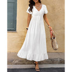 Btfbm Womens Summer Dresses 2026 Casual Short Sleeve V Neck Drawstring Wedding Guest Maxi Dresses Boho Beach Long Dress
