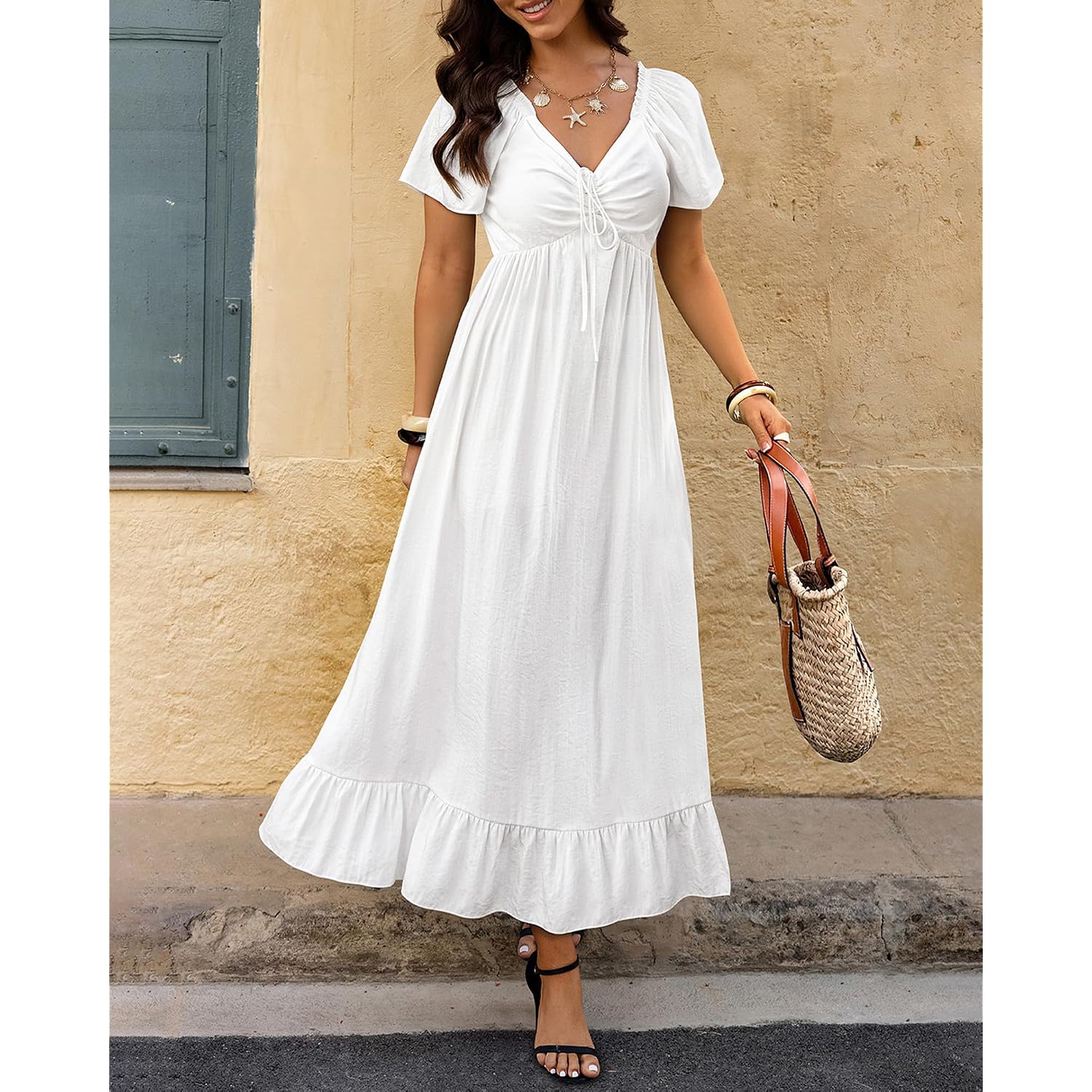 Btfbm Womens Summer Dresses 2026 Casual Short Sleeve V Neck Drawstring Wedding Guest Maxi Dresses Boho Beach Long Dress