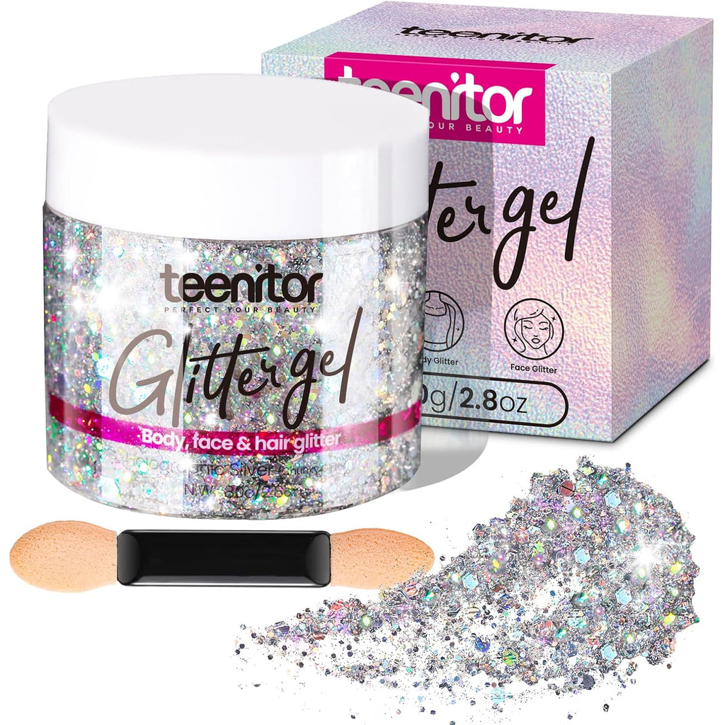 Teenitor Body Glitter, Body Glitter Gel, Hair Glitter, Face Glitter, Holographic Chunky Makeup Silver Glitter Gel For Face, Makeup, Hair, Eye