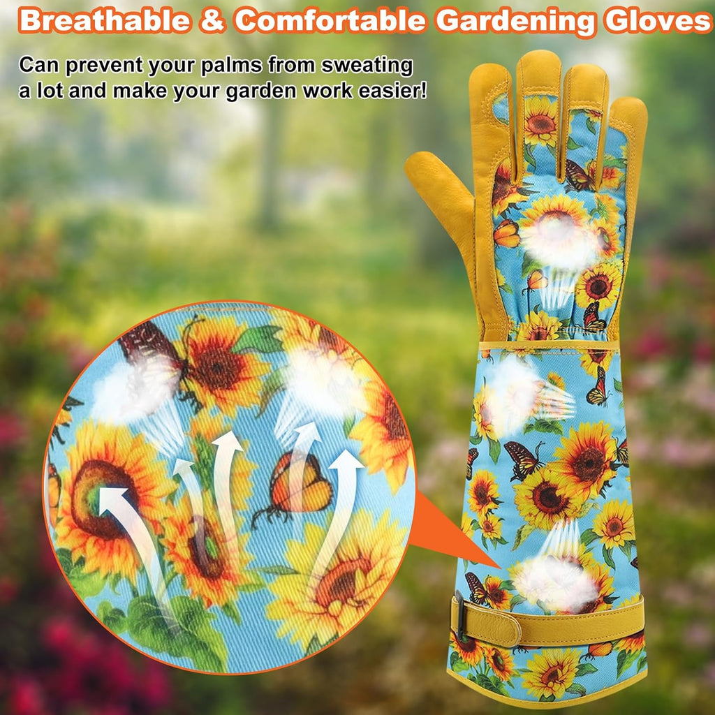 Dly Garden Gloves For Women,Gardening Gloves,Gardening Gift For Lady,Blue,M | Thornproof Cowhide Palm, Foam-Padded Grip, Long Sunflower Print Cuff, 3-Finger Touchscreen, Rose Pruning, Weeding & Yard Work