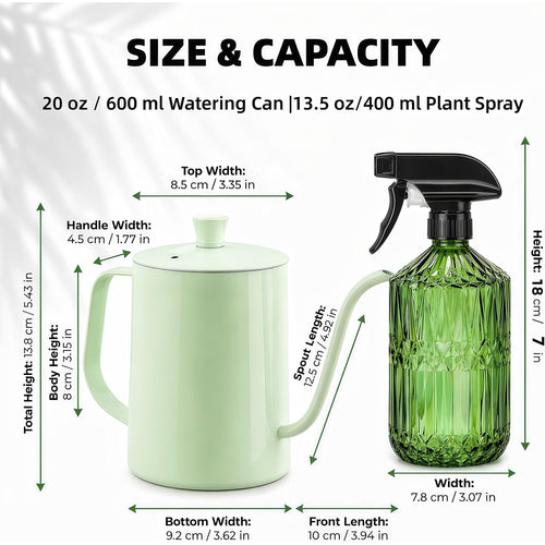 2 Pack Small Watering Can For Indoor Plants, 20 Oz Metal Plant Watering Can With Long Spout For House Plants, 13.5 Oz Glass Plant Mister Spray Bottle For Bonsai Garden Flowers Decorative
