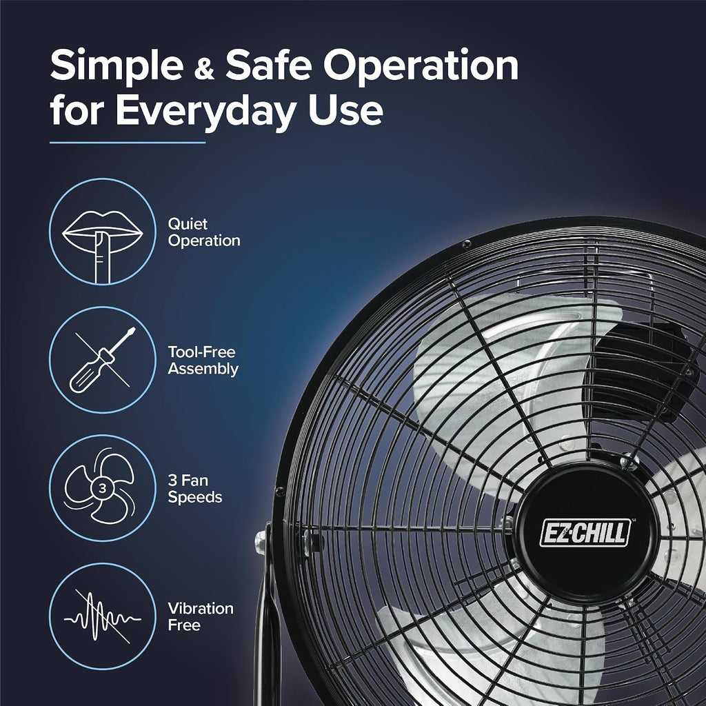 Ez-Chill 12” Cradle Floor Fan, 3 Speed, High Velocity, 180 Degree Adjustable Tilt, All-Metal, Carry Handle, Rubber Feet, Airflow 15.42 Ft/Sec, Ideal For Home, Bedroom & Office, Black
