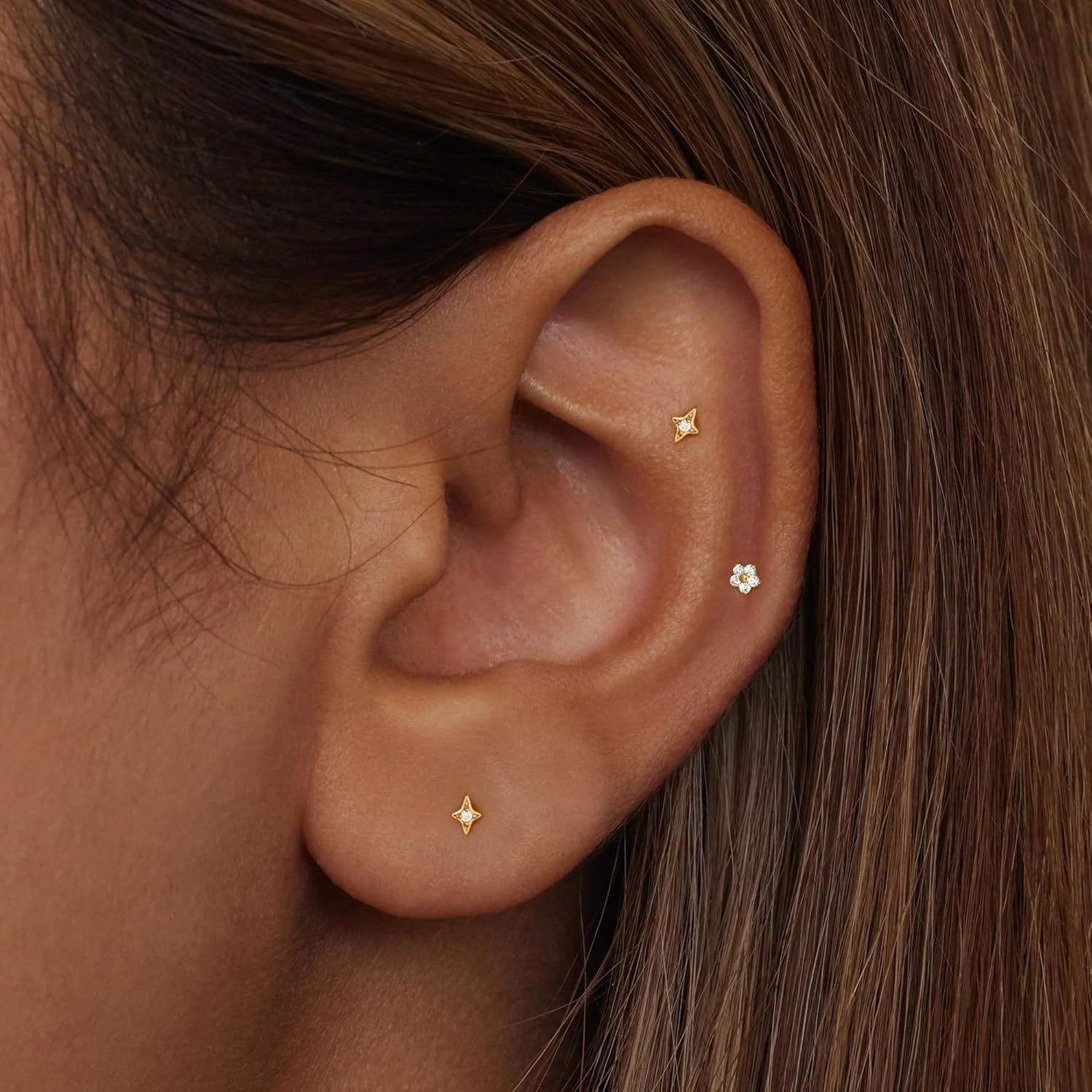 Flat Back Stud Cartilage Tragus Helix Nose Piercing Earrings Jewelry For Women Conch Threadless 18G Titanium Surgical Steel Hypoallergenic 14K Gold plated CZ Silver Small Tiny Studs