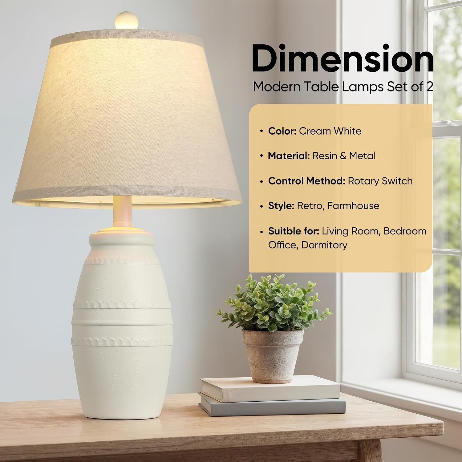 Qimh 21.5" Lamps Set Of 2, Farmhouse Lamp For Living Room, Off-White | Modern Resin Table Lamps For Bedroom, Linen Shade, Vintage Rustic Style, Home Decor