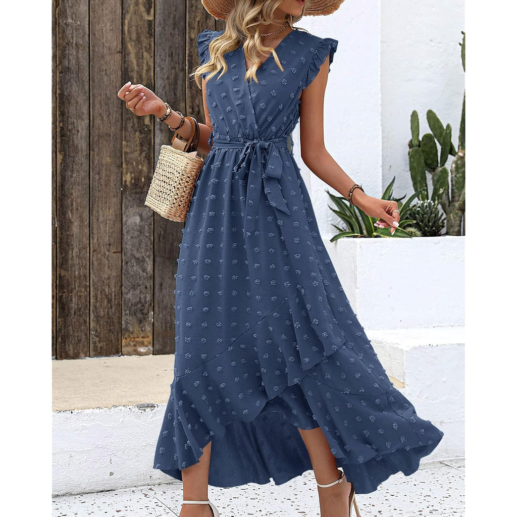 Btfbm Boho Dresses For Women 2026 Summer Fashion Cap Sleeve Swiss Dot Flowy Ruffle Beach Wedding Cocktail Maxi Dress