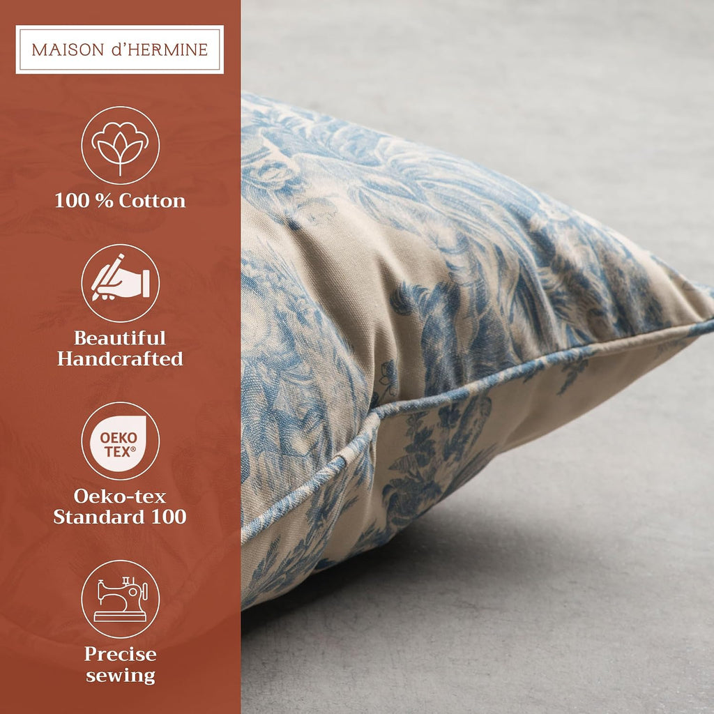 Maison D' Hermine Throw Pillow Covers 100% Cotton (18" X 18" - Pack Of 1) | Square Toile Decorative Pillow Covers With Invisible Zipper For Living Room Couch Sofas - The Miller - Blue