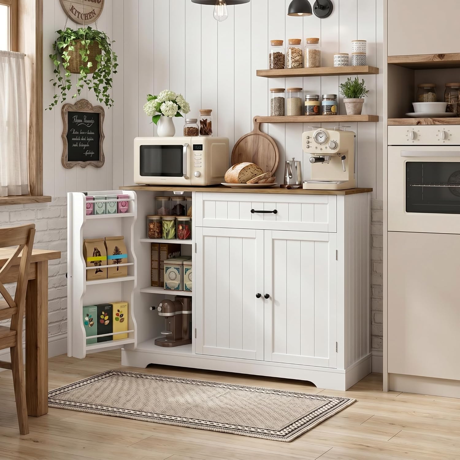 Gizoon Kitchen Coffee Bar Cabinet With Storage Kitchen Sideboard Buffet Cabinet With Drawers, Short Pantry With Door And Shelves For Bathroom And Living Room, White And Rustic