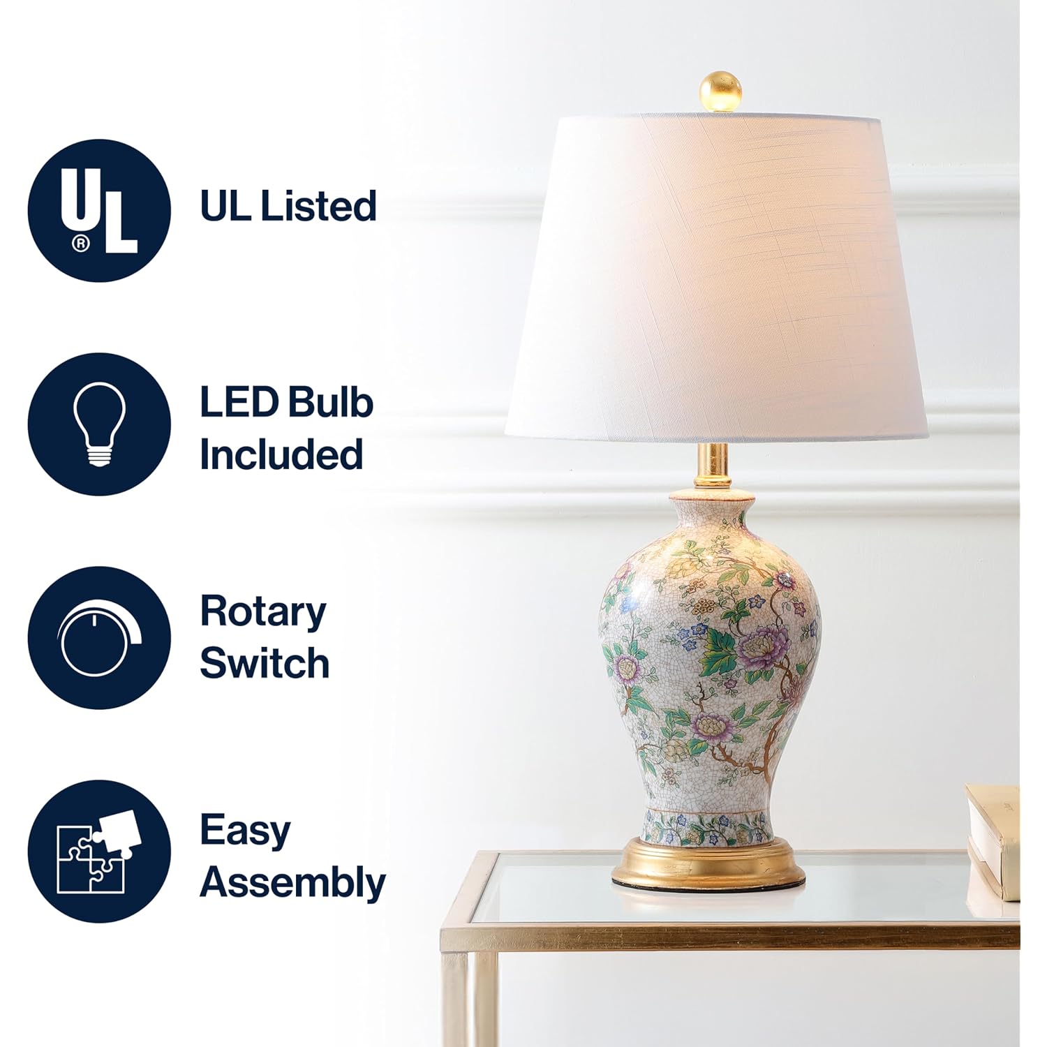 Jonathan Y 24" Multi-Colored/Gold French Country Ceramic Floral Urn Table Lamp, White Linen Shade, Chinoiserie Ginger Jar Bedside Lamp For Living Room Bedroom, Led Bulb Jyl3009A