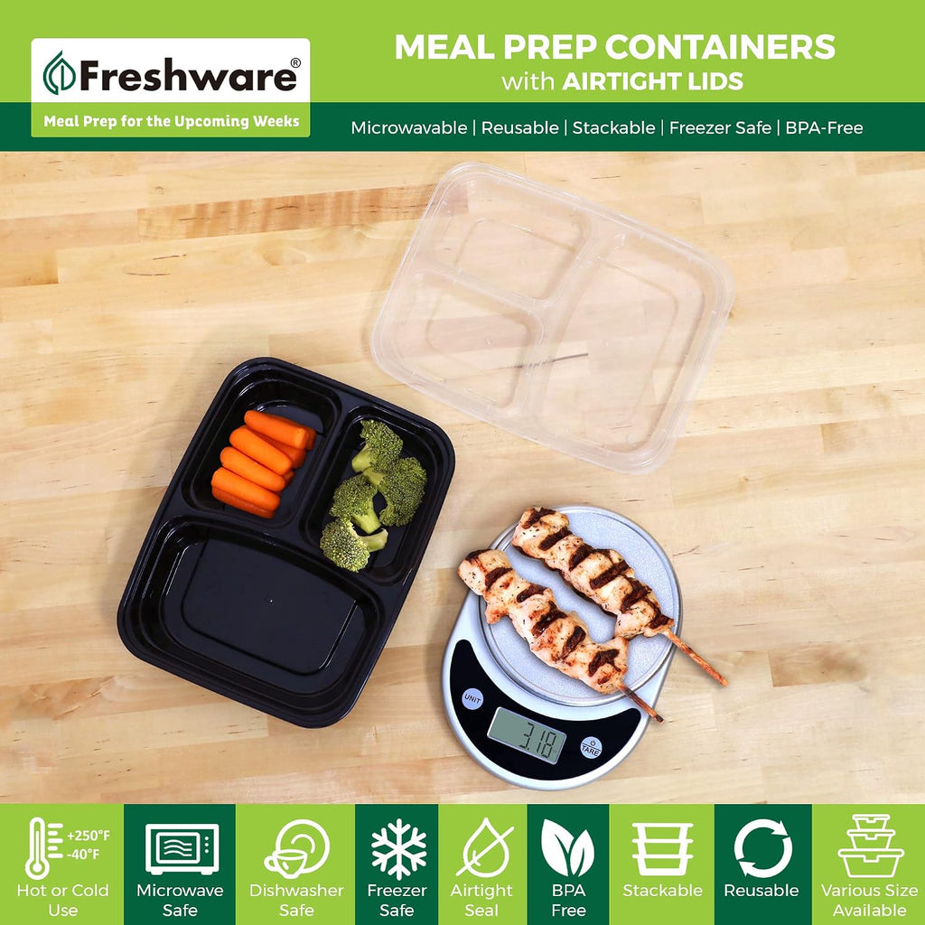 Freshware Meal Prep Containers [50 Pack] 3 Compartment Food Storage Containers With Lids, Bento Box, Bpa Free, Stackable, Microwave/Dishwasher/Freezer Safe (24 Oz)