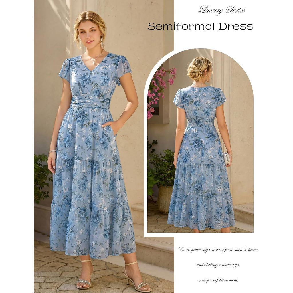 Grace Karin 2026 Women Summer Dress,Maxi Short Sleeve Floral Dresses,Semi Formal Flowy Wedding Guest Dress With Pocket