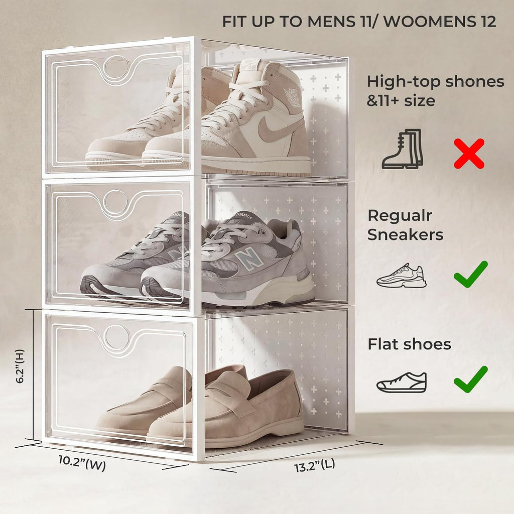 15 Pack X-Large Shoe Storage Boxes Fit Us Size 11, Shoe Organizer For Closet Clear Plastic Stackable Shoe Dispaly Case Holder Bins, Sneaker Storage For Sneakerheads White For Home And Family