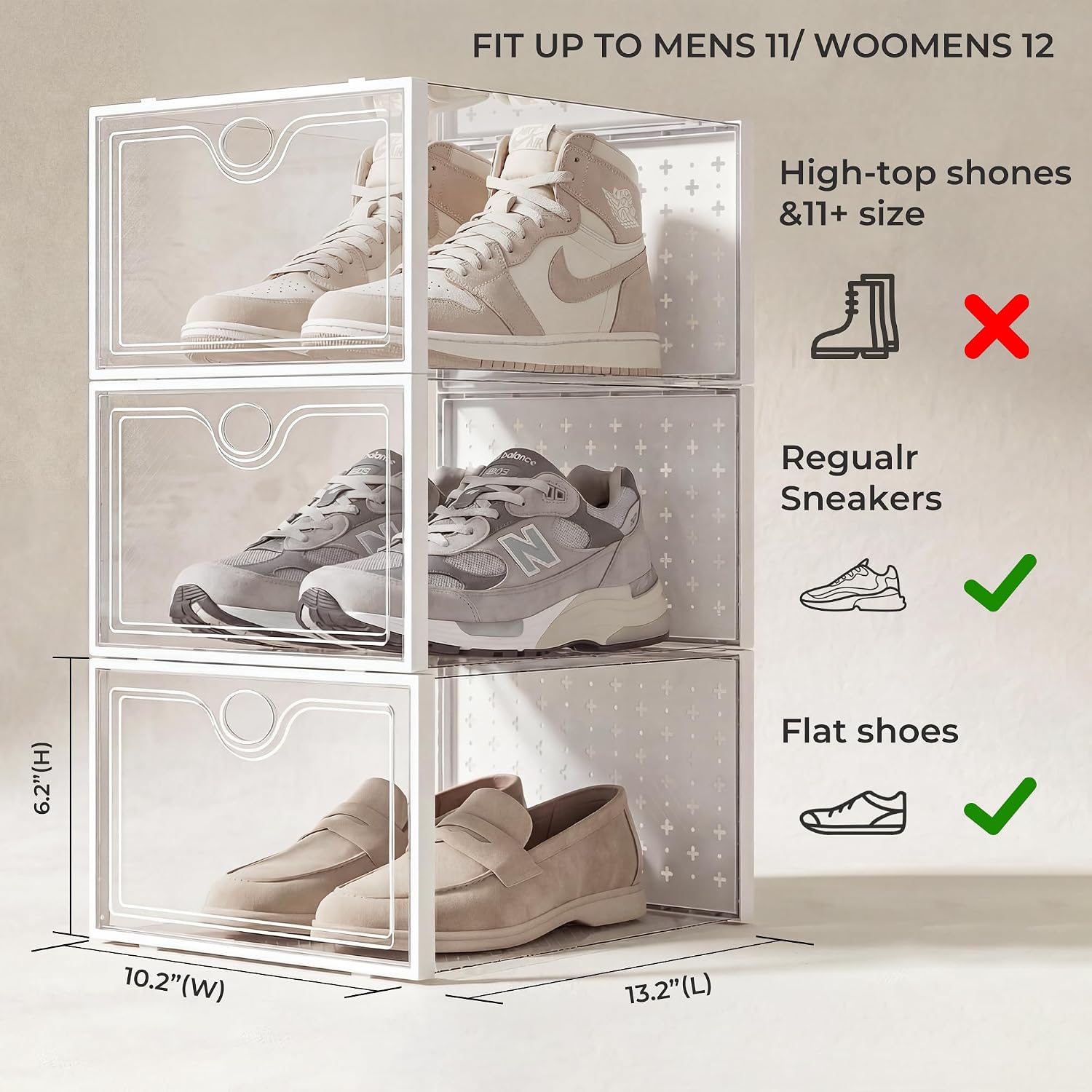 15 Pack X-Large Shoe Storage Boxes Fit Us Size 11, Shoe Organizer For Closet Clear Plastic Stackable Shoe Dispaly Case Holder Bins, Sneaker Storage For Sneakerheads White For Home And Family