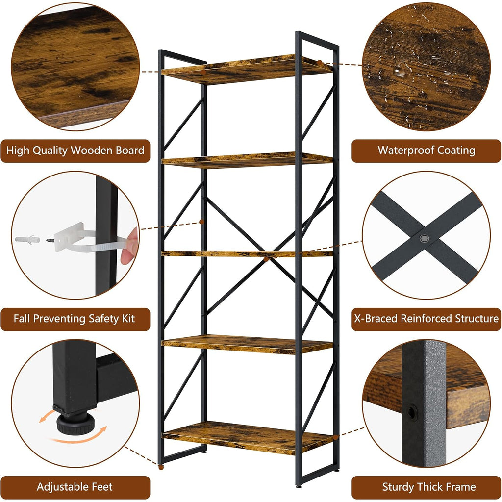 Shintenchi 5 Tiers Bookshelf, Classically Tall Bookcase Shelf, Industrial Book Rack, Modern Book Holder In Bedroom/Living Room/Home/Office, Storage Rack Shelves For Books/Movies-Rustic Brown