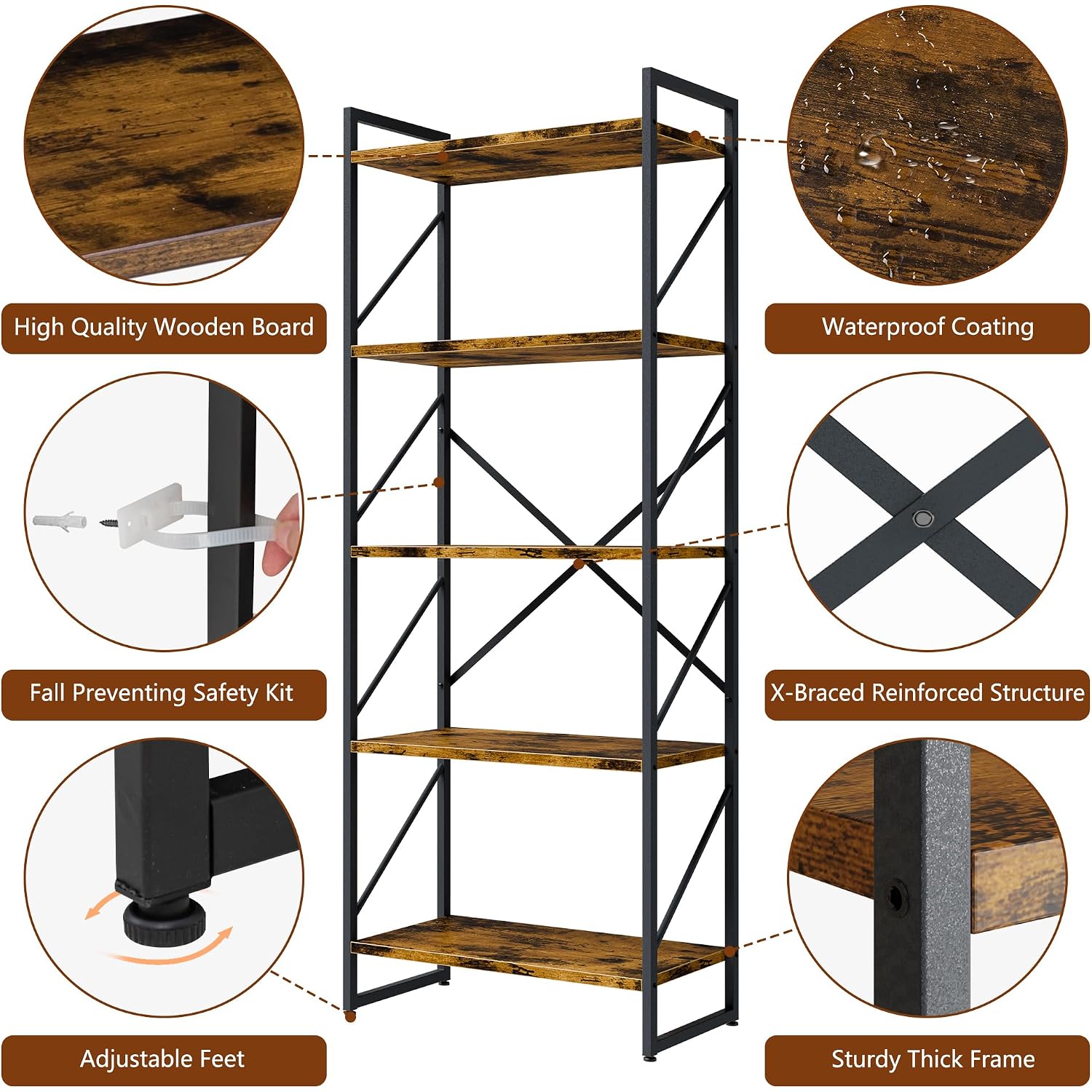 Shintenchi 5 Tiers Bookshelf, Classically Tall Bookcase Shelf, Industrial Book Rack, Modern Book Holder In Bedroom/Living Room/Home/Office, Storage Rack Shelves For Books/Movies-Rustic Brown