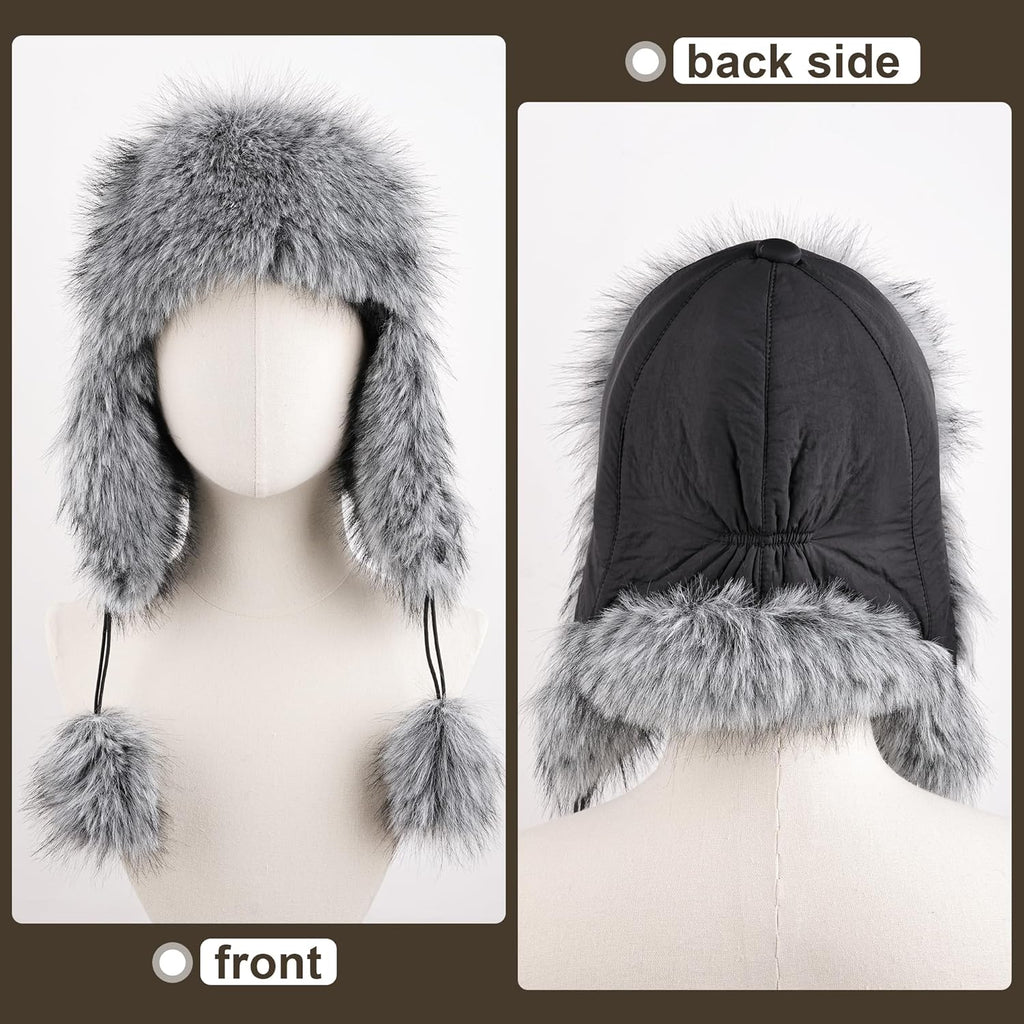 Women Faux Fur Trapper Hat with Pompoms Warm Classic Ear Flaps Fuzzy Bobble Cap Warm Outdoor Ski Snow Cap for Women and Men