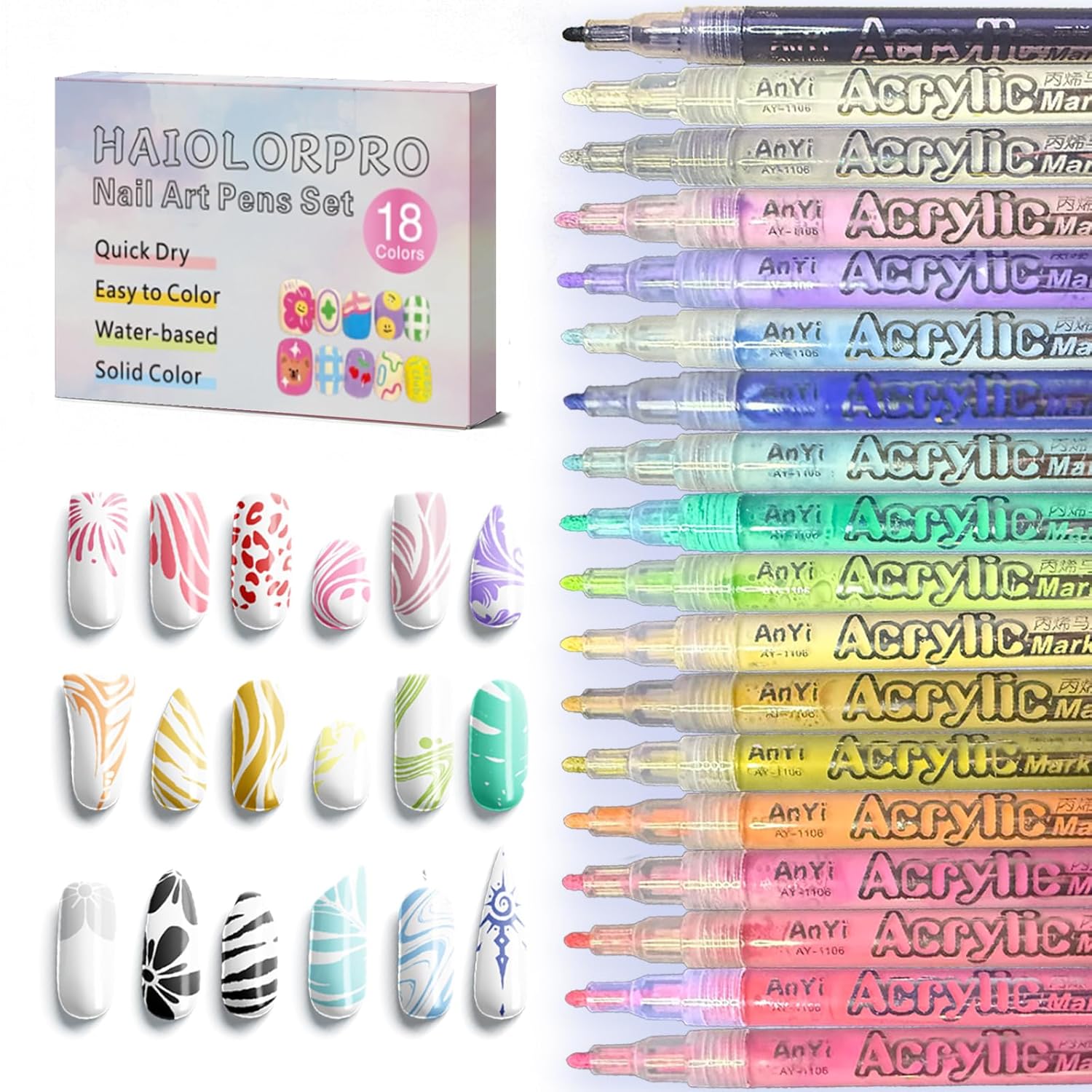 HAIOLORPRO 18 Colors Nail Art Pens Set, 3D Gel Nail Polish Pen Water-based Quick Drying, Acrylic Nail Paint Pens Kit Drawing Painting Liner Dotting Graffiti Manicure for Home Salon DIY
