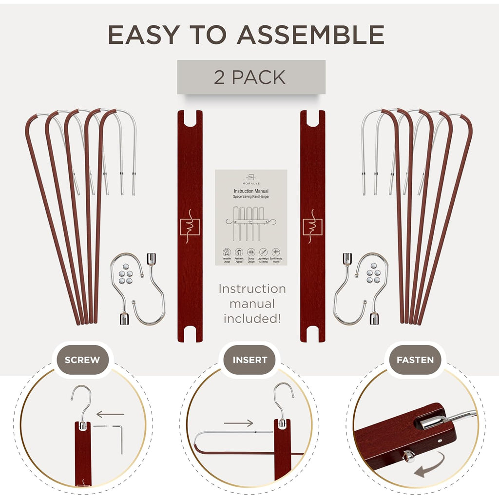 Pants Hangers Space Saving - 2 Pack European Beechwood Scarf And Jean Hangers - Closet Organizer And Space Saver Pant Rack, Leggings Hanger, And Scarf Holder With 360° Swivel Hook