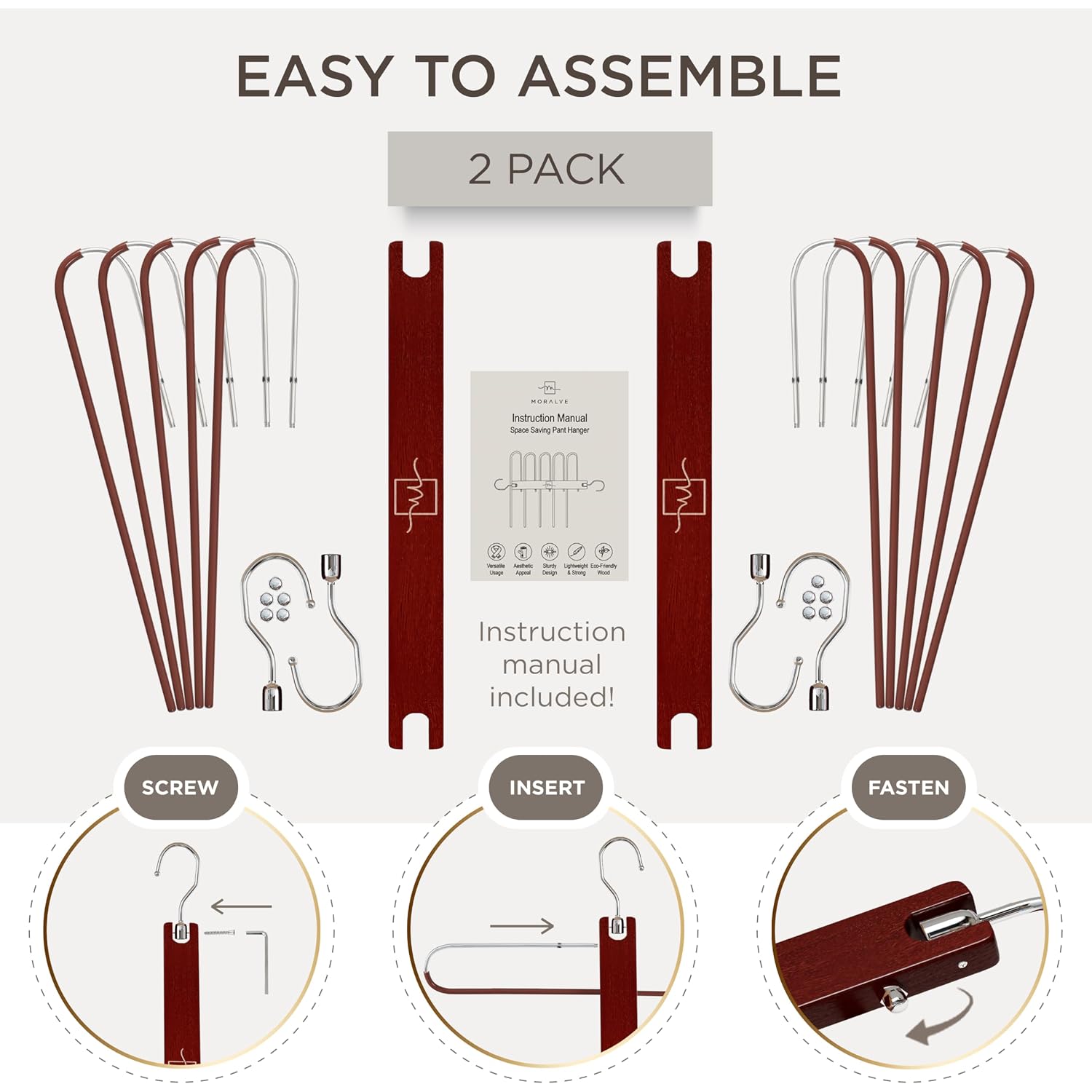 Pants Hangers Space Saving - 2 Pack European Beechwood Scarf And Jean Hangers - Closet Organizer And Space Saver Pant Rack, Leggings Hanger, And Scarf Holder With 360° Swivel Hook