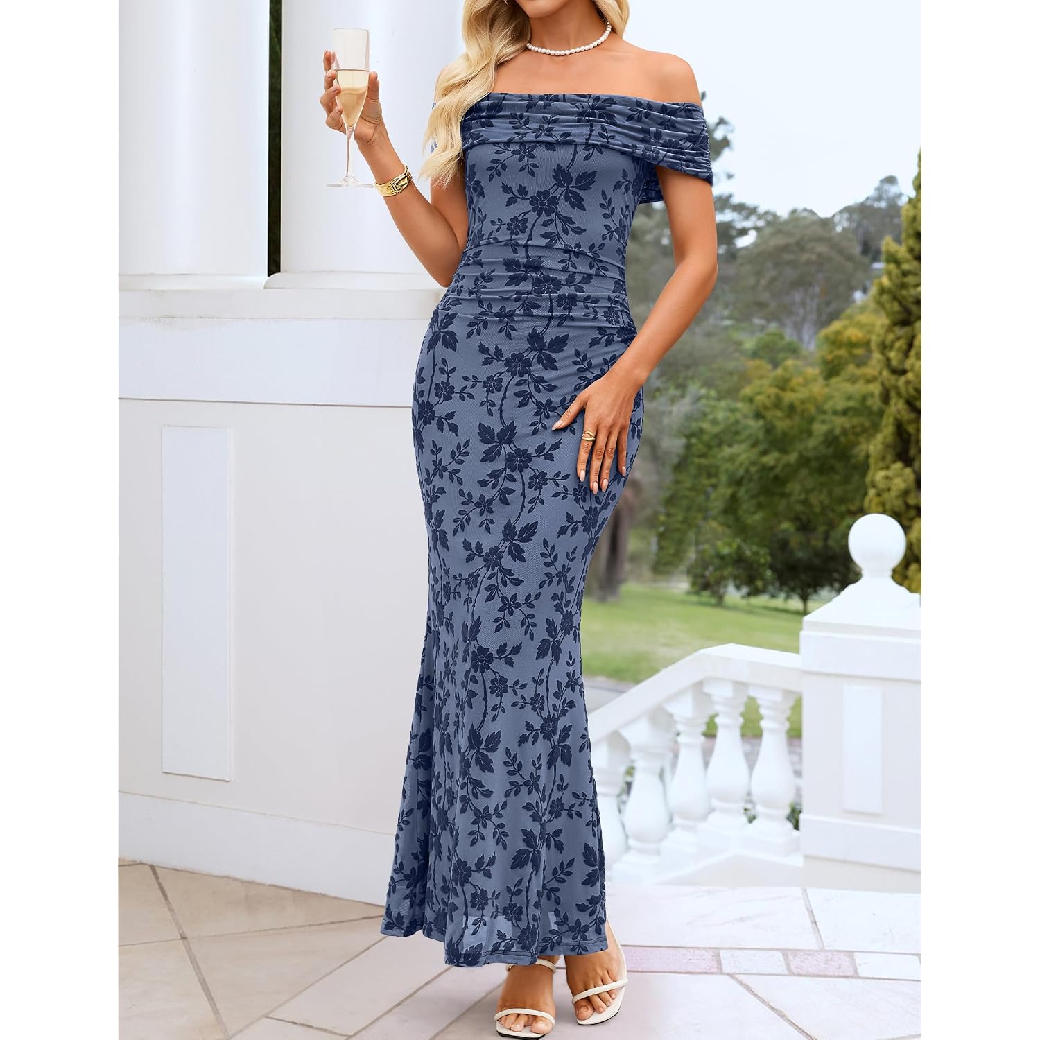 Zesica Women'S Summer Off Shoulder Floral Bodycon Maxi Dress 2026 Ruched Elegant Formal Cocktail Wedding Guest Long Dresses