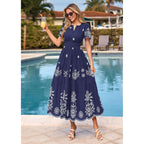 Prettygarden Summer Dresses For Women 2026 Floral Boho Maxi Spring Casual Short Sleeve V Neck Elastic Waist Dress Pockets