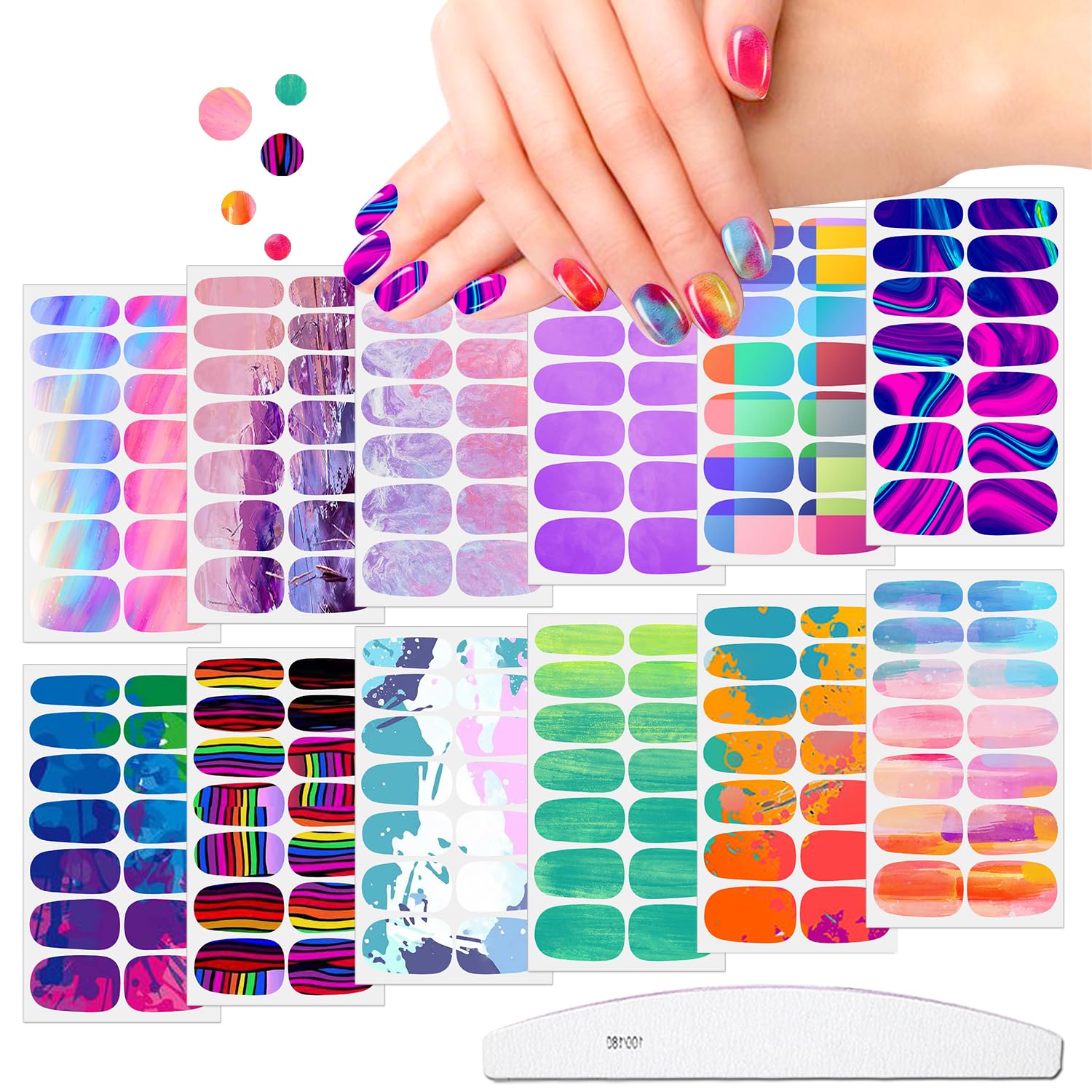 12 Sheets Aurora Gradient Color Nail Polish Strips Self-Adhesive Graffiti Cloud Rainbow Nail Stickers Full Nail Wraps for Women Kids Manicure Kit