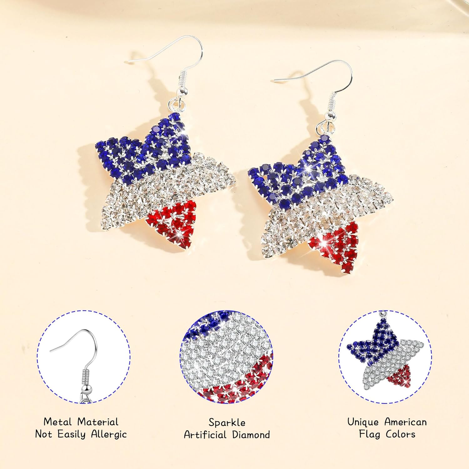 4th of July Independence Day Patriotic Earring for Women American Flag Dangle Earrings Patriotic Red White Blue USA Earring, Pave Crystal Stud