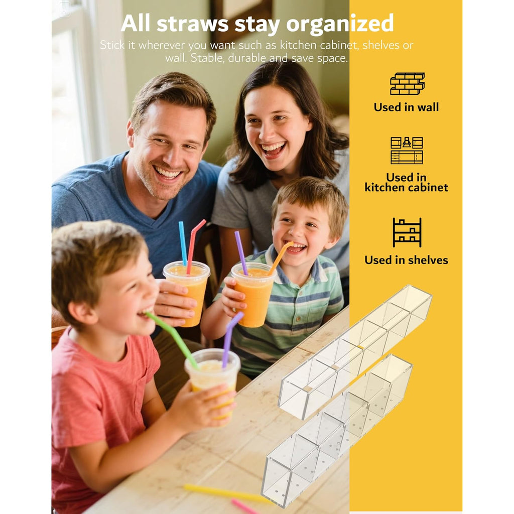 Upgraded 9.5'' Large Acrylic Straw Holder For Cabinet Door, Adjustable Space-Saving Straw Organizer Storage Dispenser For Cabinet With Ultra Sticky Adhesive Strips, 2-Part Rack, Drainage Holes