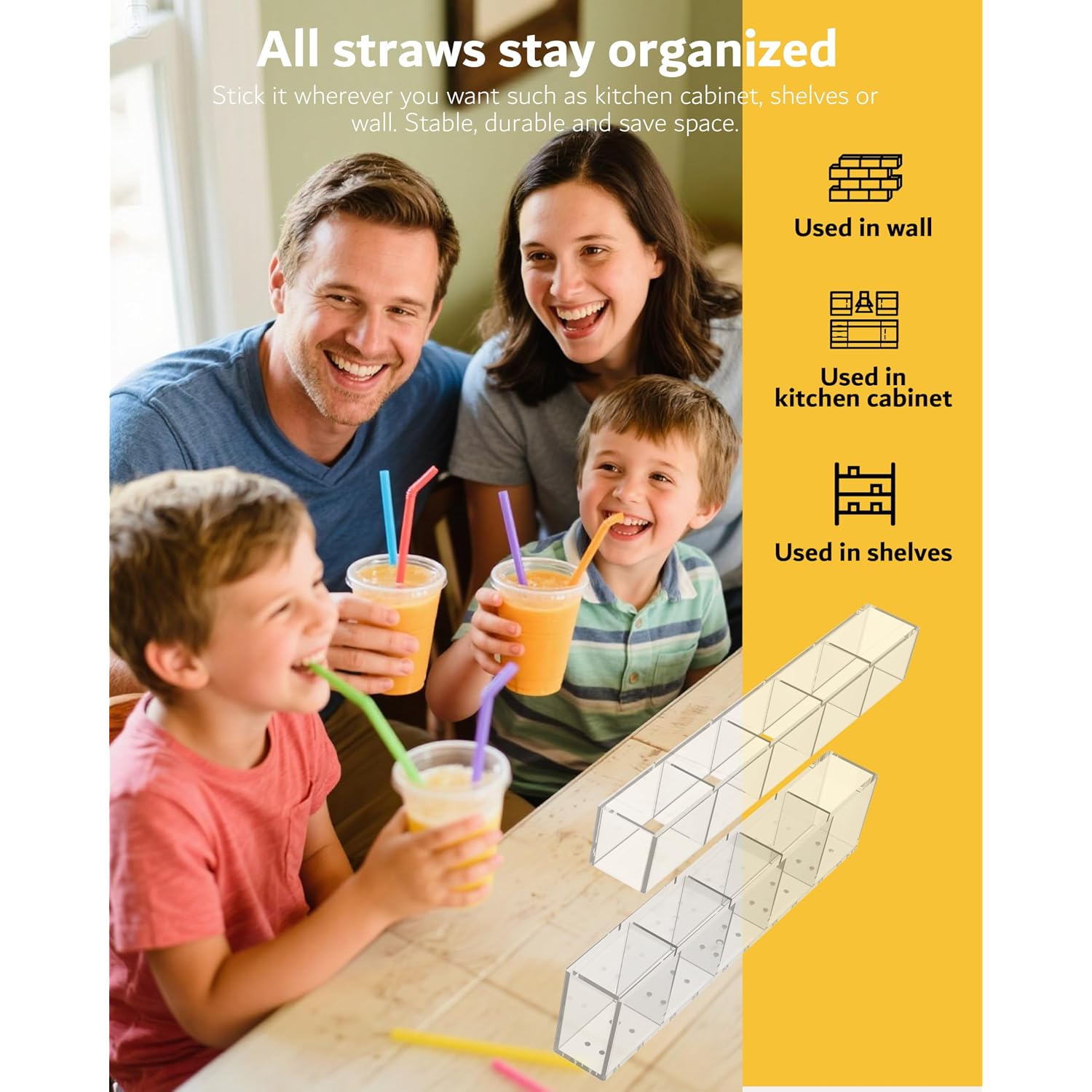 Upgraded 9.5'' Large Acrylic Straw Holder For Cabinet Door, Adjustable Space-Saving Straw Organizer Storage Dispenser For Cabinet With Ultra Sticky Adhesive Strips, 2-Part Rack, Drainage Holes