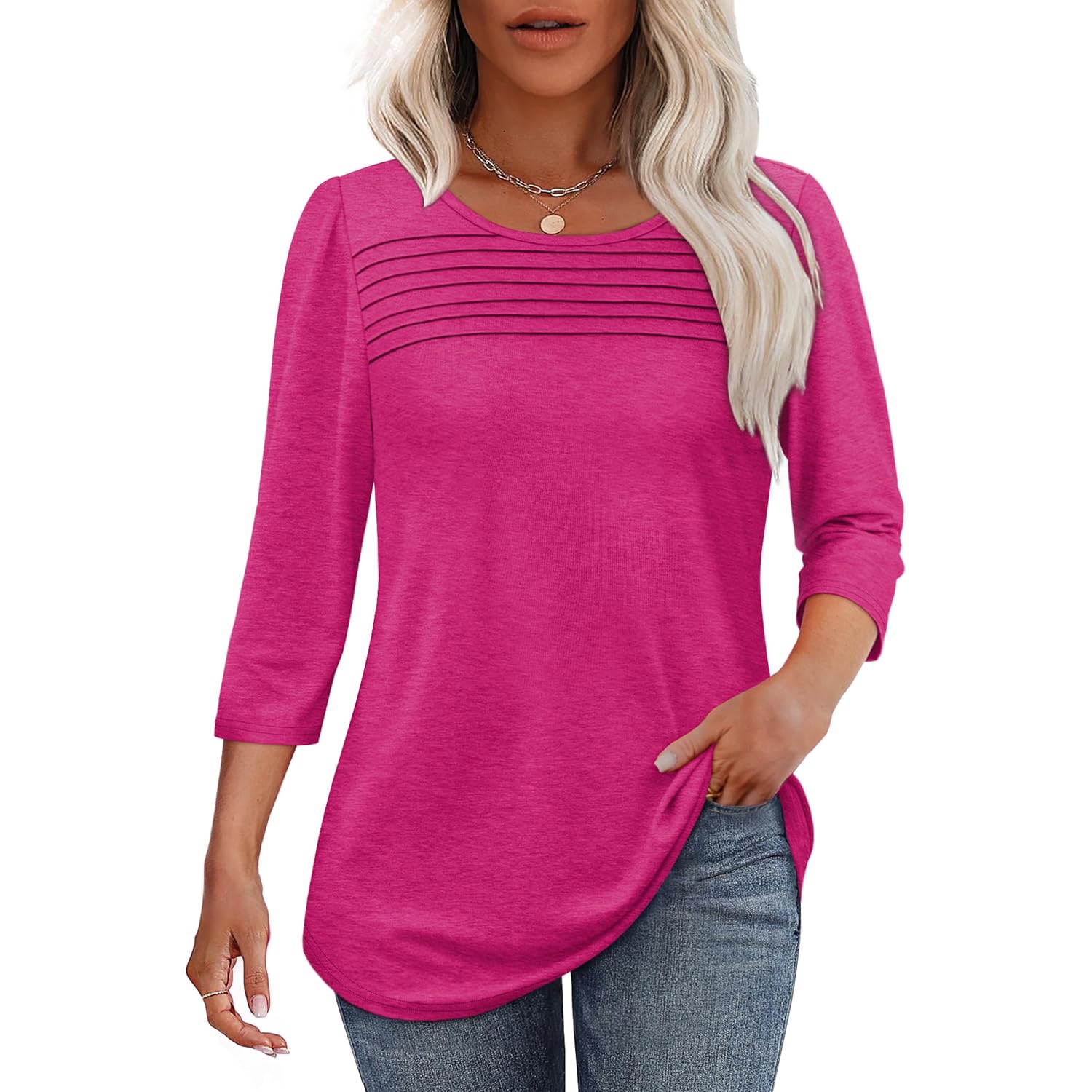Ofeefan Womens Tops 3/4 Length Sleeve Blouses Dressy Casual Spring Summer Fall Outfits Pleated Front T Shirts Curved Hem