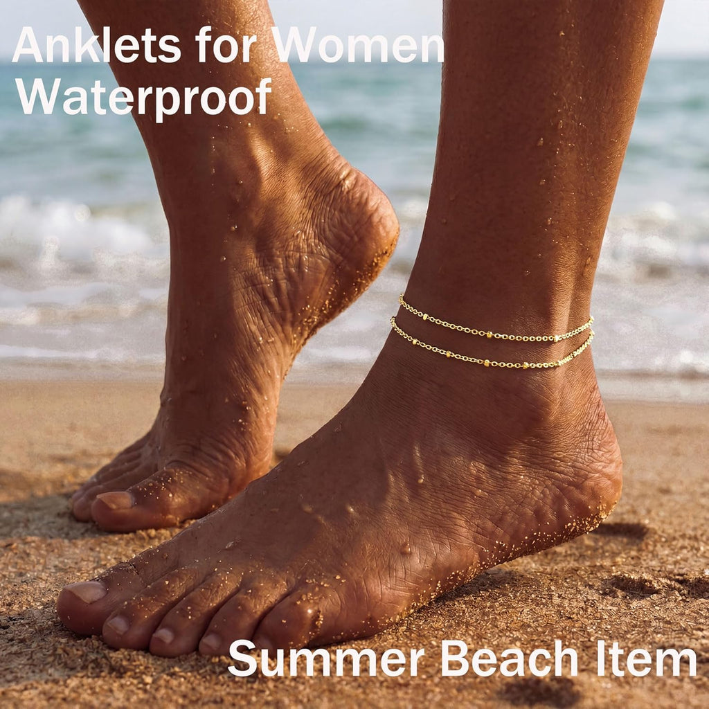 DEARMAY Dainty 14K Gold Plated Ankle Bracelets for Women, Waterproof 14K Gold Plated Link Chain Anklets Non Tarnish Set Pack Summer Beach Jewelry Gift