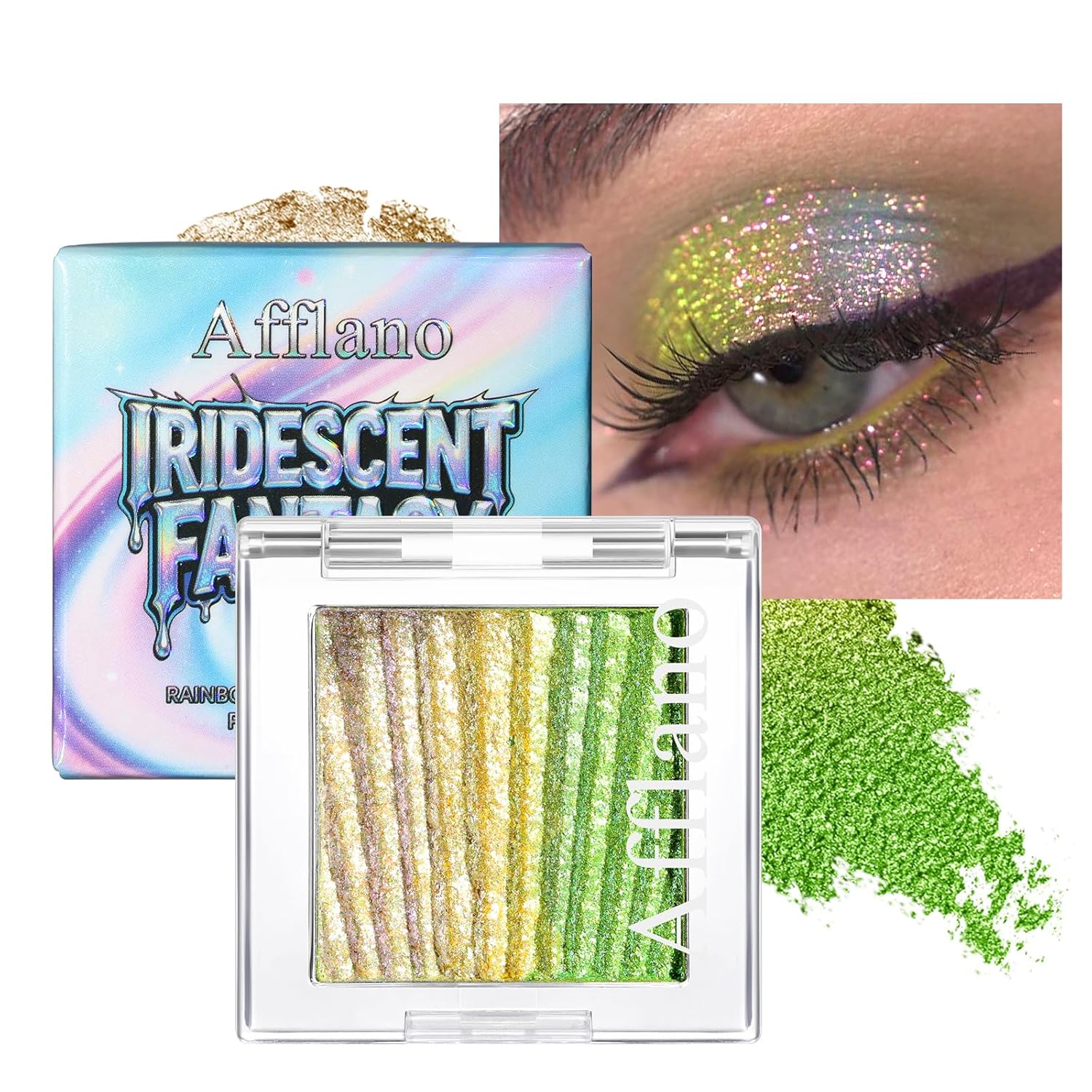 Afflano Sparkly Glitter Chrome Eyeshadow Color Shift, Holographic Multichrome Eyeshadow Palette Green-Gold-Purple, Duochrome Shimmery Eye Shadow Half Magic for Women Girls Iridescent Eye Makeup, #05