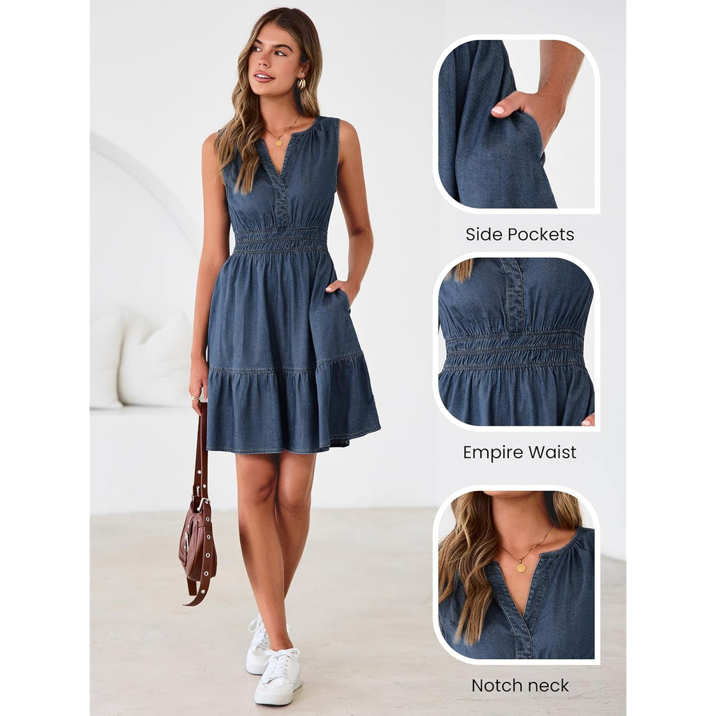 Berrygo Womens Denim Dress Sleeveless Summer Casual Jean Dress Tiered Cowgirl Country Mini Soft Light Chambray With Pockets