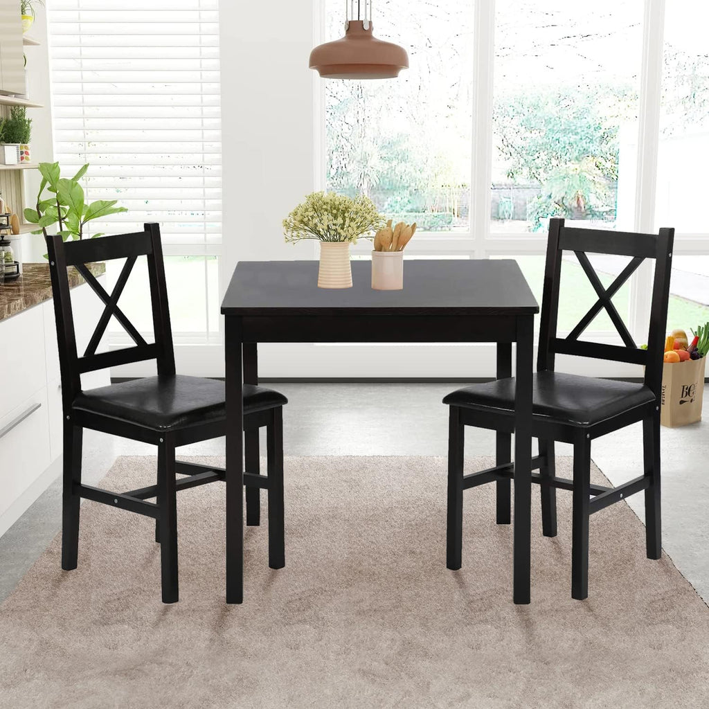 3-Piece Solid Wood Kitchen Table Set For 2 | Pine Dining Table With Upholstered Chairs | Space-Saving Design | Smooth Easy-To-Clean Surface | For Dining Room, Apartment, Restaurant, Dark Brown