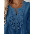 Womens 3/4 Sleeve Tops Cotton Linen Shirts V Neck Lace Casual Loose Fit Blouses Boho Fashion