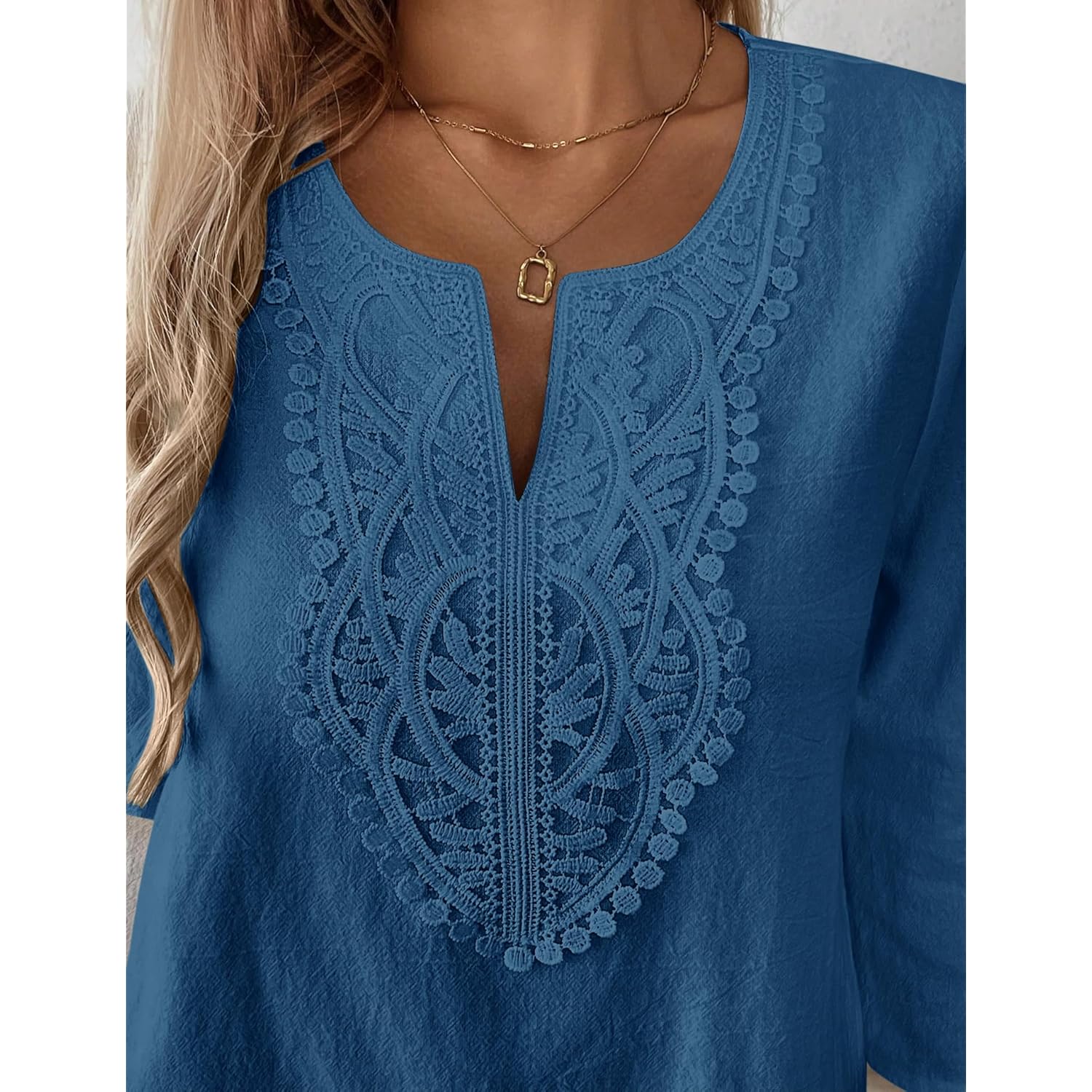 Womens 3/4 Sleeve Tops Cotton Linen Shirts V Neck Lace Casual Loose Fit Blouses Boho Fashion