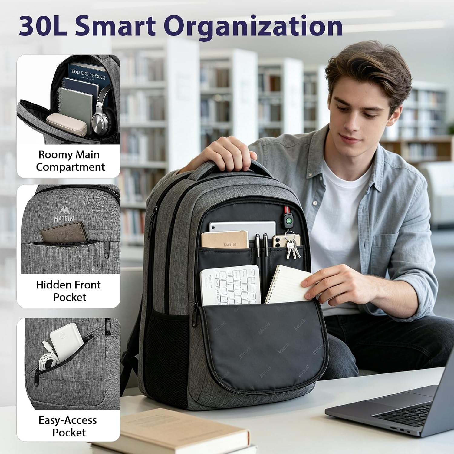 Matein Travel Laptop Backpack, 17 Inch Tsa Approved Carry On Work Bag | College School Bookbag With Trolley Sleeve, Large Business Computer Bag With Anti Theft Pocket, Grey Rucksack For Men Women