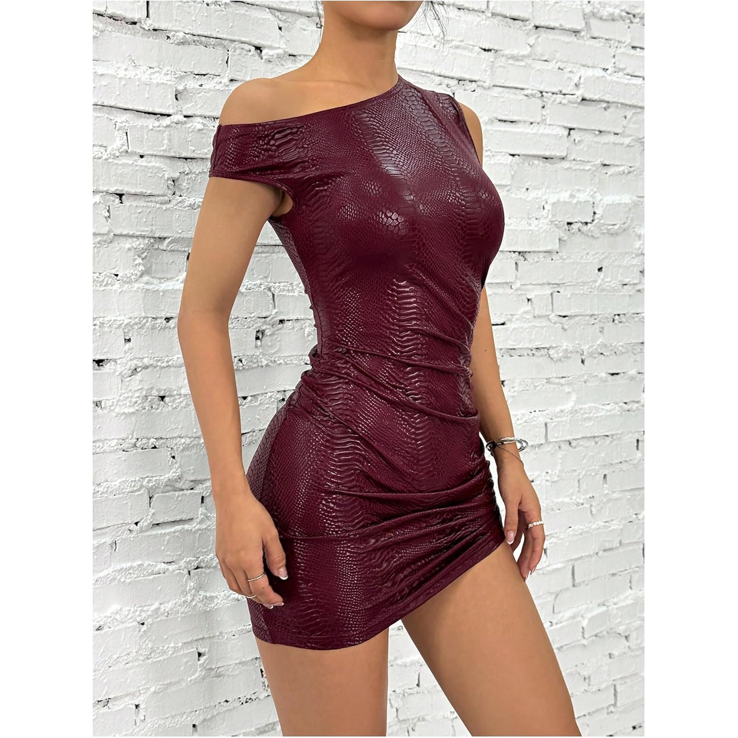 Women's Off Shoulder Pu Leather Mini Dress Sexy Drawstring Ruched Party Club Short Dresses