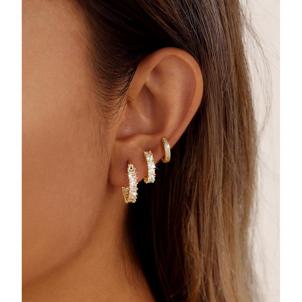 CAROVO 3 Pairs Gold/Silver Hoop Earrings for Women Trendy Dainty 14K Gold Plated Cubic Zirconia Stud Earrings Huggie Hoop Earrings Stack for Multiple Piercing Jewelry