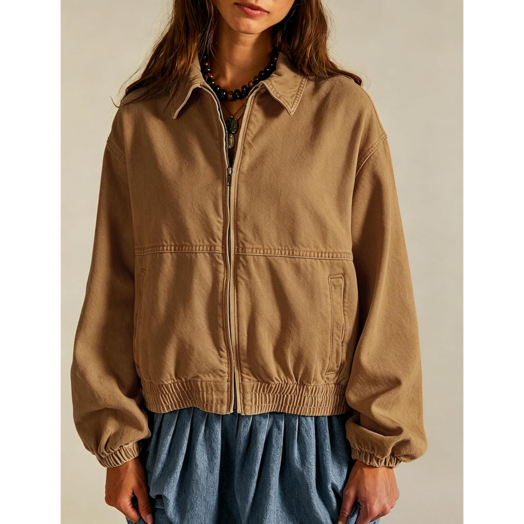 Womens Denim Jackets Long Sleeve Zip Up Elastic Hem Classic Loose Jean Bomber Jacket Outfit