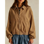 Womens Denim Jackets Long Sleeve Zip Up Elastic Hem Classic Loose Jean Bomber Jacket Outfit
