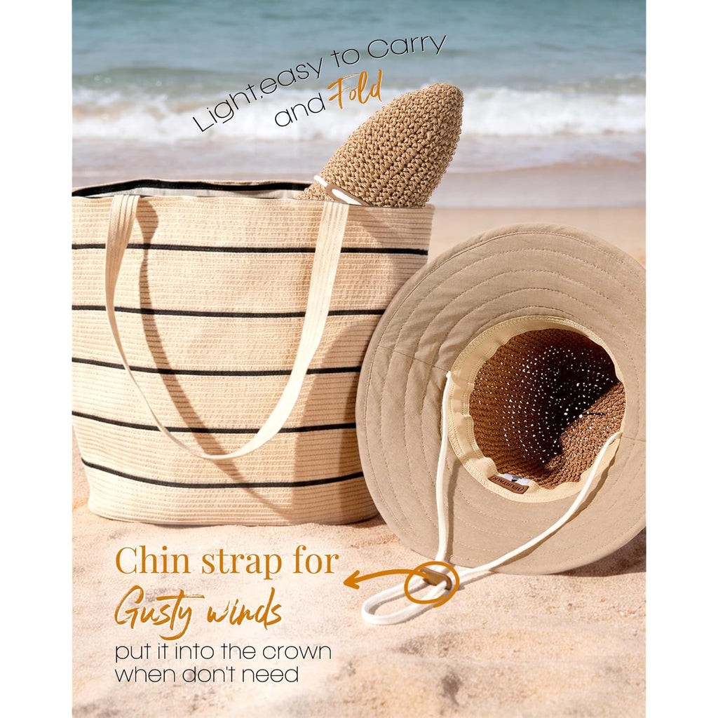 FURTALK Summer Straw Beach Sun Hats for Women UPF 50 Floppy Wide Brim Travel Bucket Hat Foldable Packable