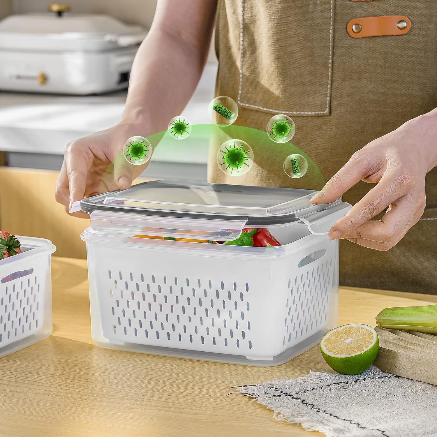 8 Pcs Fruit Storage Containers For Fridge, Leakproof Produce Containers | For Fridge With Removable Colander, Microwave/Dishwasher Safe Fruit Washing Bowl Keep Fruits, Vegetables, Berry Fresh Longer