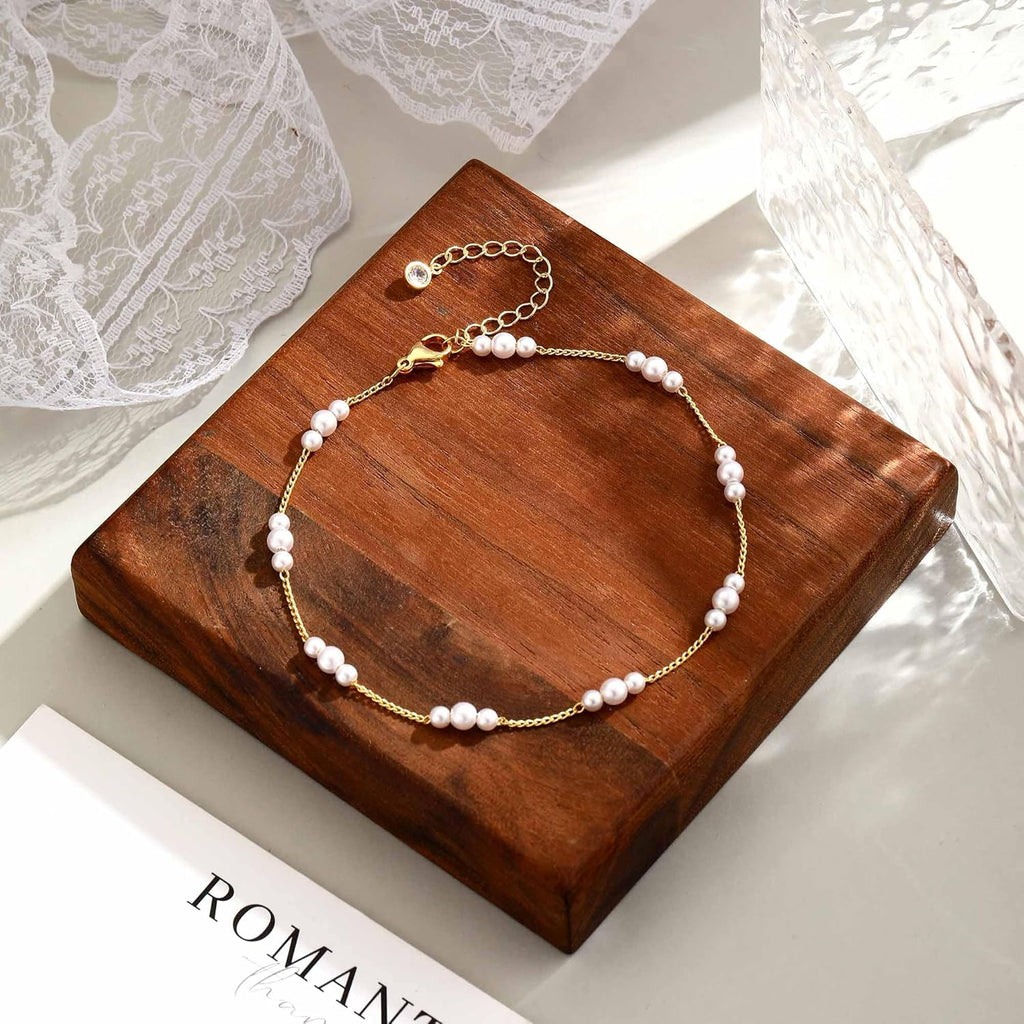 Warshion Ankle Bracelets for Women - 14K Gold Plated Waterproof Gold Anklet Delicate Chain Women's Anklets Summer Beach Pearl Jewelry Layering Gift Non Tarnish