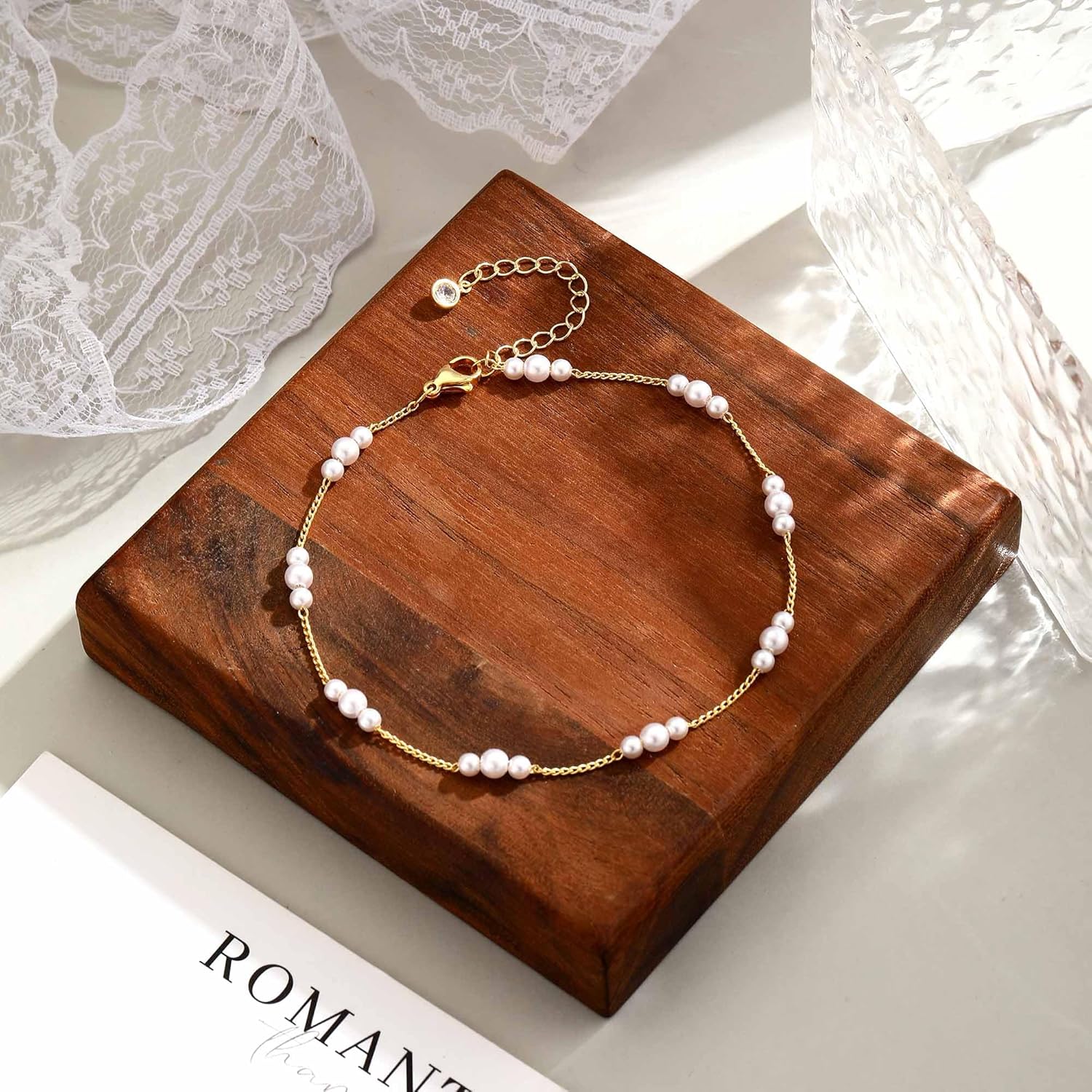 Warshion Ankle Bracelets for Women - 14K Gold Plated Waterproof Gold Anklet Delicate Chain Women's Anklets Summer Beach Pearl Jewelry Layering Gift Non Tarnish