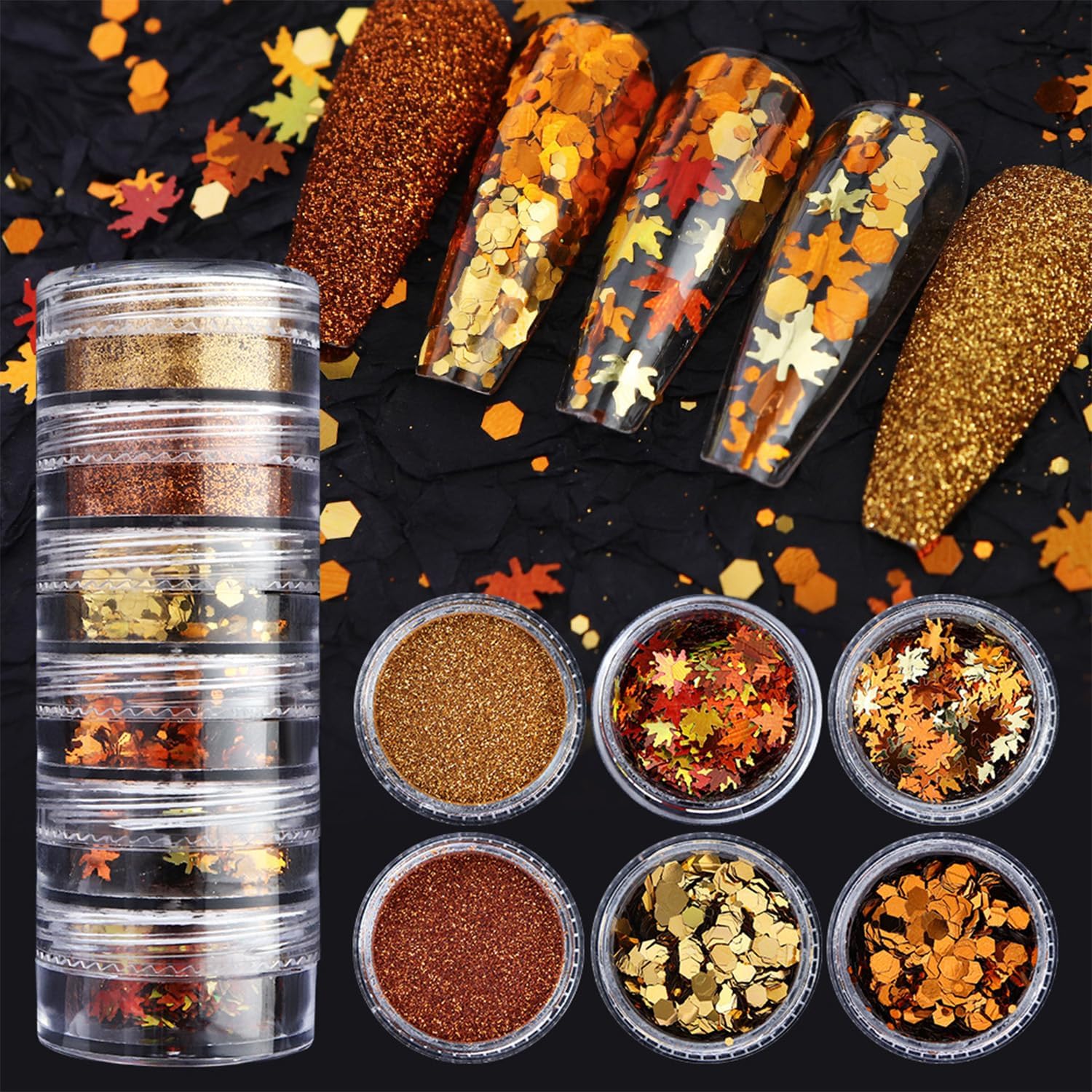 6-Grids Fall Maple Leaf Nail Art Glitter Sequins 3D Holographic Gold Orange Leaf Flakes Thanksgiving Supplies for Acrylic Nails Autumn DIY Decorations