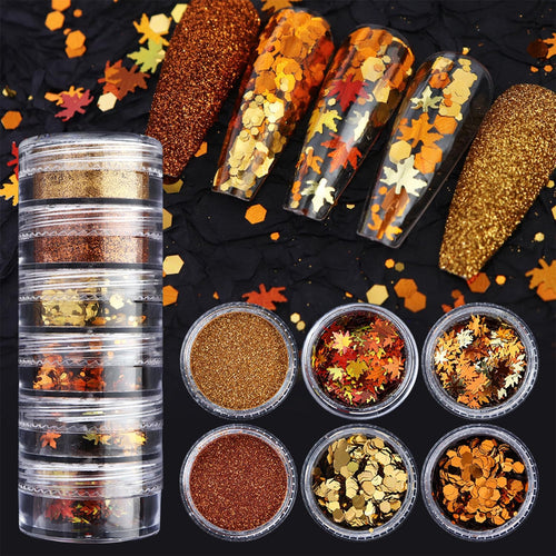 6-Grids Fall Maple Leaf Nail Art Glitter Sequins 3D Holographic Gold Orange Leaf Flakes Thanksgiving Supplies for Acrylic Nails Autumn DIY Decorations