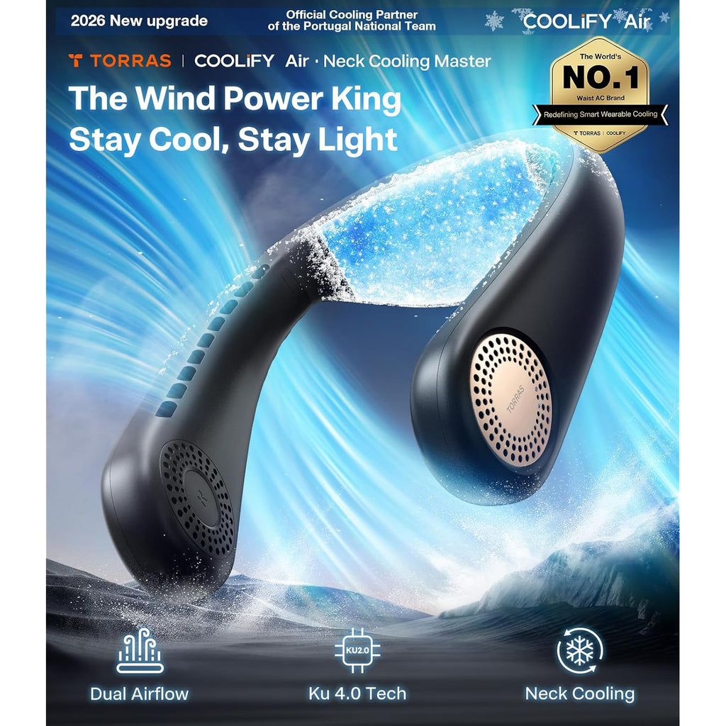 Torras Coolify Air 2026 Upgraded Neck Fan Air Conditioner, Dual-Airflow Pro Cooling, Ultra Light Portable Fan Rechargeable, Personal Cooling Fan Travel Essentials, Gift For Dad Husband Father, Black