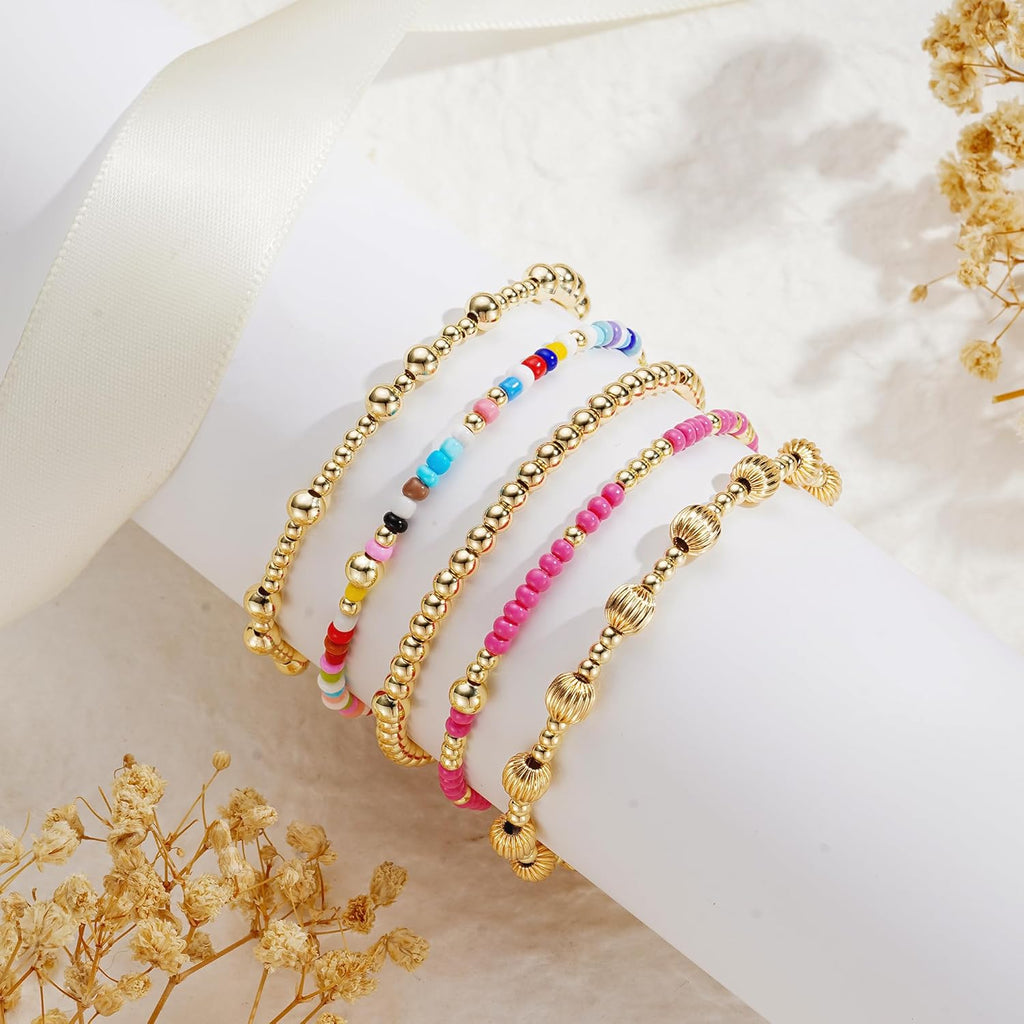 Turandoss Mothers Day Gifts for Mom Daughter - 14K Gold Plated Gold Beaded Bracelets for Women Teen Girls Stackable Turquoise Cross Bead Bracelet Pearl Bracelets Set for Women Mothers Day Gift for Mom