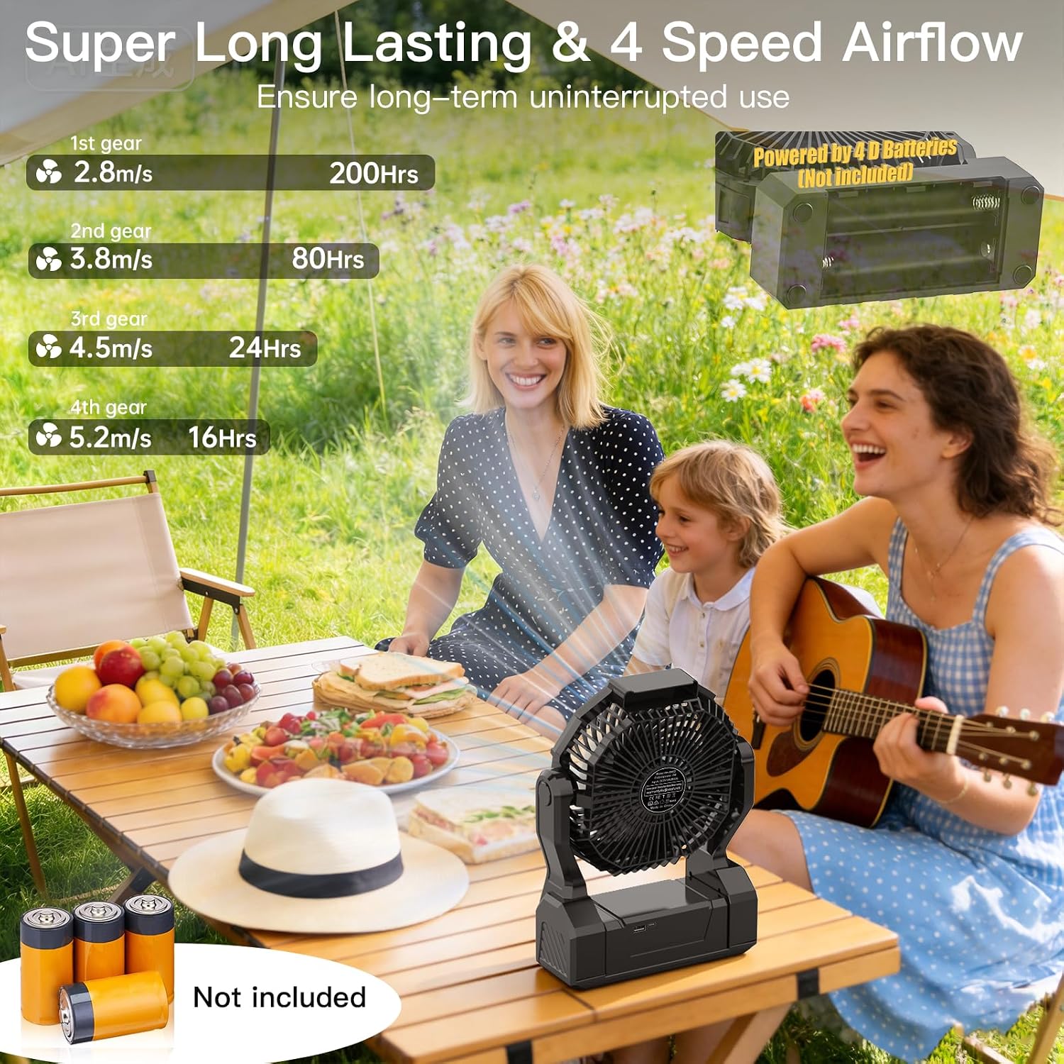 Battery Operated Fan, 2-In-1 D-Cell Battery & Usb Powered Portable Fan With 4 Speeds, 3 Timers & 2 Light Modes, Super Long Lasting Camping Fan For Outdoor Tent Travel Picnic Office Bedroom - Black